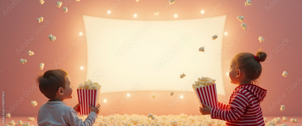 Poster photo realistic kids with popcorn in floating cinema concept - children enjoying snacks with a blank