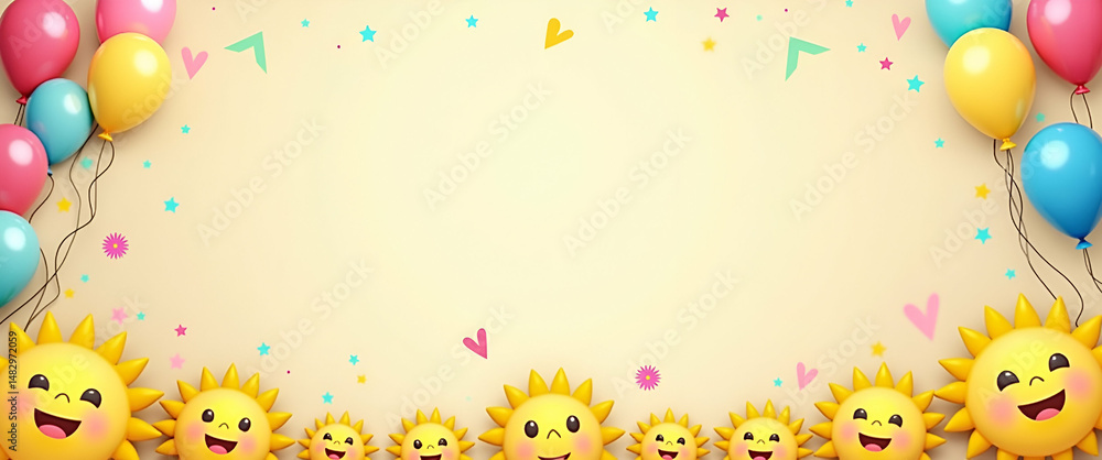 Aufkleber international day of happiness: colorful balloons and smiling suns frame for messages - joyful desig