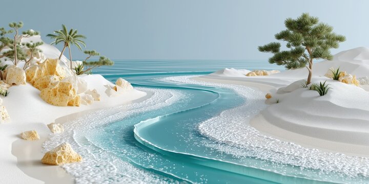  Abstrakte Insel mit Pinien, Felsen und sanften Meereswellen