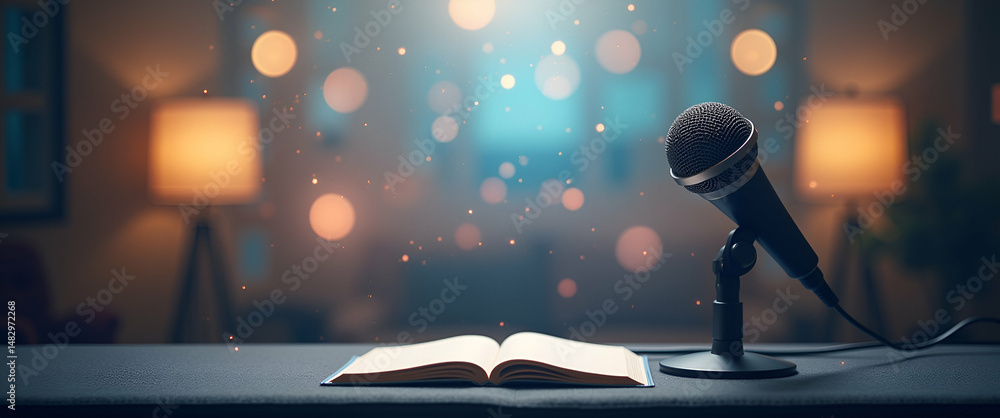 Aufkleber photo realistic speaker with microphone and notes in dreamy background for public speaking and prese