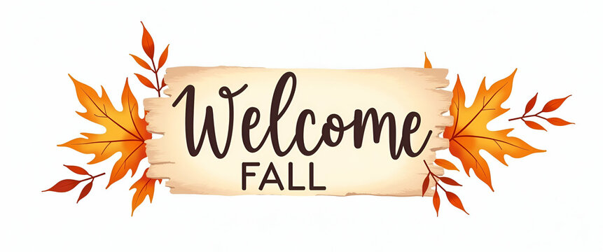 Watercolor Clipart of Wooden Sign with 'Welcome Fall' Text and Decorative Leaves - Isolated Fall Decor Element with Sharp Outlines on White Background