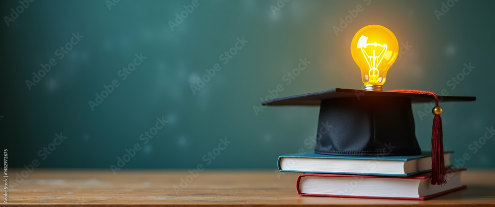 Poster innovative education concepts: graduation cap with lightbulb on book symbolizing knowledge in scienc