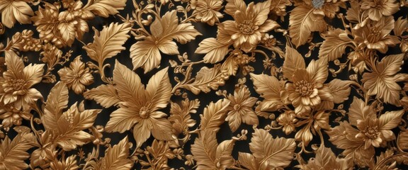 Intricate gold floral pattern, textured leaves , scroll, pattern, border