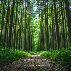 Obraz premium Sunlight Path Through Lush Pine Forest