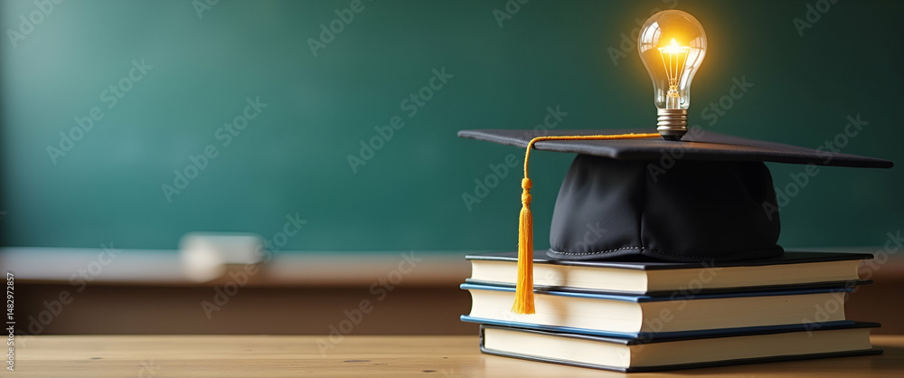 Poster innovative education concepts: graduation cap with lightbulb on book symbolizing knowledge in scienc