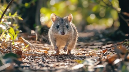 Fototapeta premium Curious mouse exploring forest floor in sunlit woodland