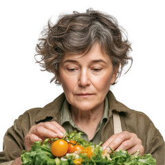 Gardening action of woman nurturing fresh vegetables home setting still life with transparent background
