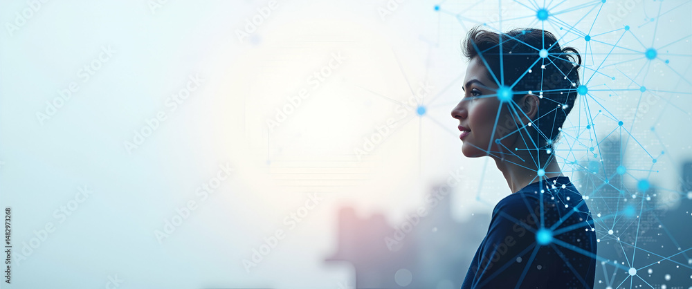 Poster photo realistic as silhouette of a person and a blockchain network symbolizing blockchain adoption i