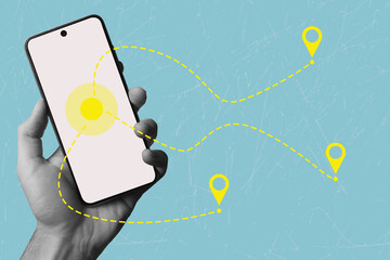 Modern art collage on the topic of navigation. GPS navigation. Transport logistics.	
