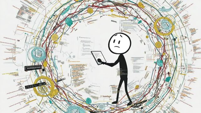 Data analysis stick figure cartoon overlaid on complex technology visualization
