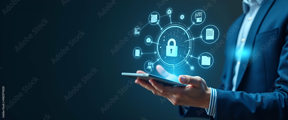 Poster document safety and security: businessman leverages online database management software for efficien