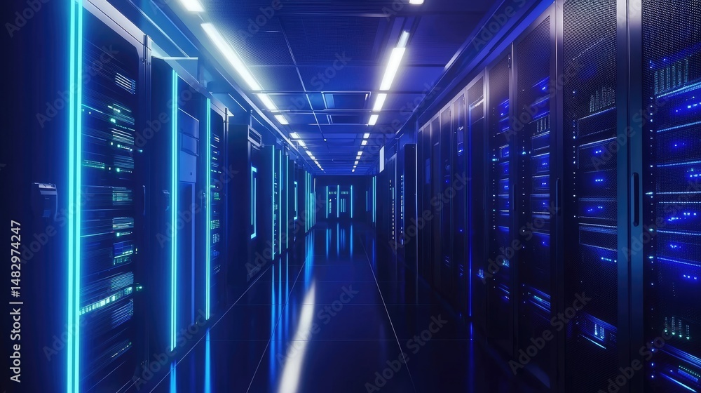 Poster advanced data center interior with glowing blue-lit server racks in a reflective corridor, perfect f