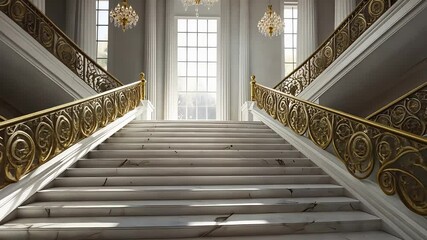 Grand marble staircase with ornate golden railings, tall window, and crystal chandeliers in elegant classical interior with natural light
- Powered by Adobe