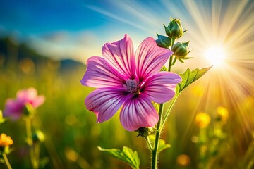 Fototapeta premium Common Mallow Flower in Wind, High-Resolution Macro Photography, Detailed Petals, Shallow Depth of Field, 4K