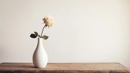 Single Rose in White Vase on Rustic Wooden Table Against Neutral Wall