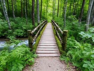 Obraz premium Wooden bridge over a tranquil stream in a lush green forest Peaceful nature trail scene