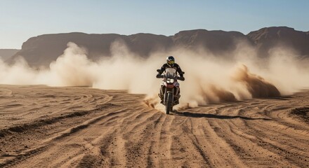 Adventure motorcycle riding in desert landscape with dust trails and mountains in the background