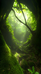 Lush forest canopy, sunlight filtering through dense foliage, mystical path through roots and moss.  Potential use Nature photography stock