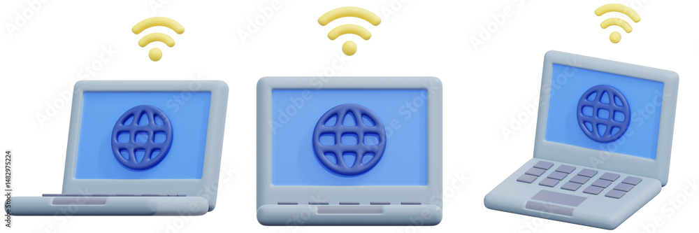 Poster set of laptops with wifi connection and global icon on screen 3d render icon illustration