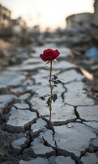 Scarlet rose endures, flourishing amidst a parched, cracked land, representing resilience and beauty