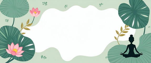 Lotus Flower and Meditation Pose Border Frame for World Mental Health Day - Mindfulness Messages Concept with Central Copy Space and Empty Left Side