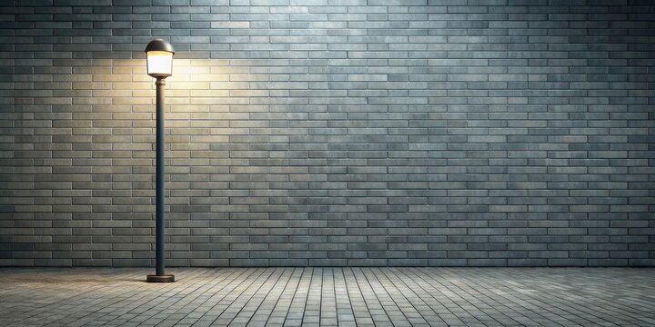 Fototapeta Nighttime urban scene illuminated lamppost beside a gray brick wall and paved ground.