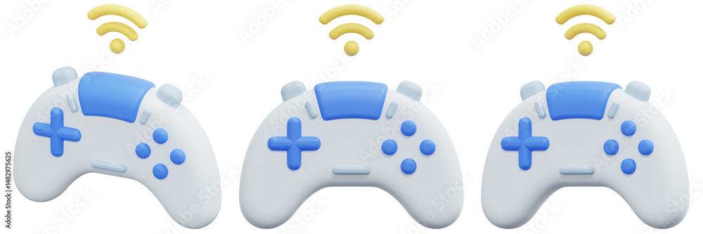 Poster set of wireless game controllers with wifi icons 3d render icon illustration