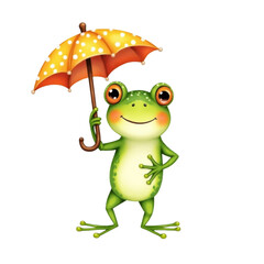 Watercolor Cute frog with Umbrellas, Animals Illustrations, rainy season, Transparent Background.