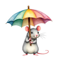 Watercolor Cute mouse with Umbrellas, Animals Illustrations, rainy season, Transparent Background.