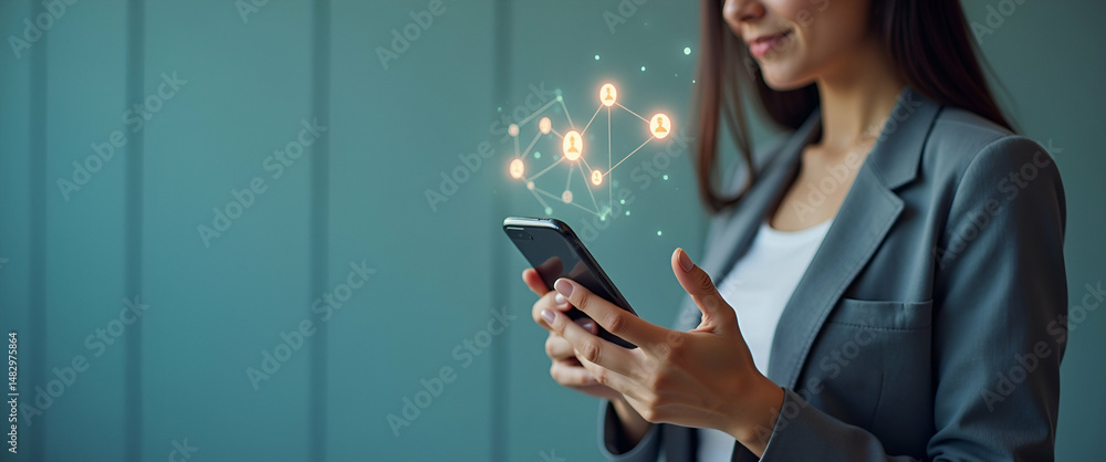 Poster woman typing on smartphone: embracing digital communication for remote work flexibility and producti