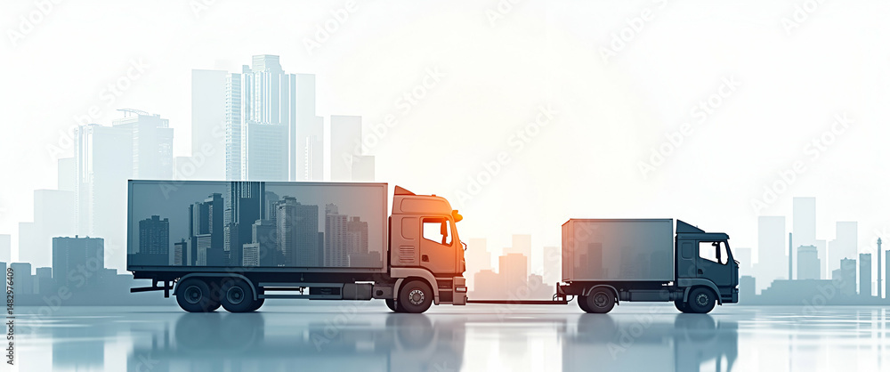 Poster photo realistic silhouette of an automated packaging machine and logistics report in double exposure