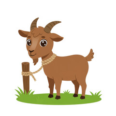 Cartoon goat tied to a post on green grass against a plain black background