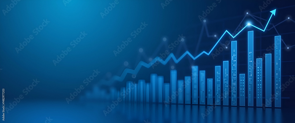 Aufkleber widescreen abstract financial graph with uptrend line and bar chart on blue background - symbolizing