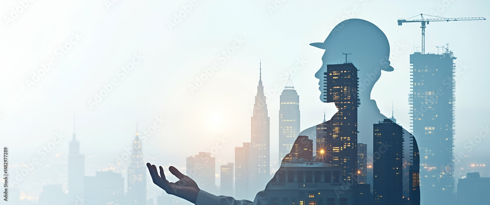 Poster photo realistic as silhouette of an architect and a building blueprint symbolizing architectural pla