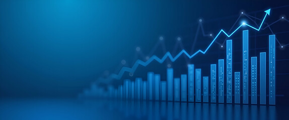 Widescreen Abstract Financial Graph with Uptrend Line and Bar Chart on Blue Background - Symbolizing Financial Growth and Market Trends in Stock Photo Concept