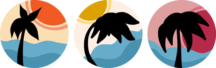 Silhouette of a palm tree against the background of the sun and the sea in a circle