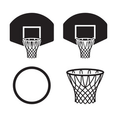 Hand-drawn black icons of basketball hoops in different angles and styles, perfect for sports illustrations and basketball-themed designs.