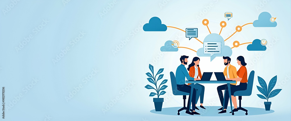 Poster photo realistic vector illustration of a business team collaborating through cloud computing: emphas