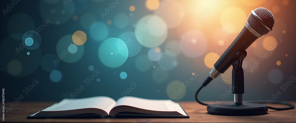 Poster photo realistic image of a speaker with microphone and notes in a dreamy background - perfect for pu