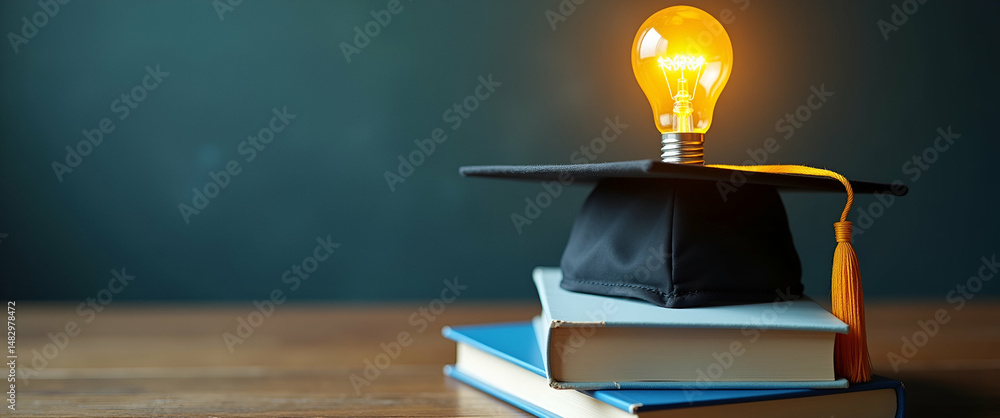 Poster innovative education concepts: graduation cap with lightbulb on book symbolizing knowledge in scienc