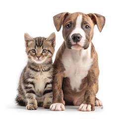 A playful puppy and a curious kitten sit together, displaying friendship and joy in a bright setting