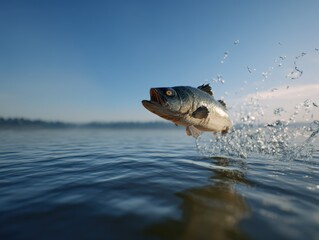 A fish leaps out of calm water, creating splashes under a clear blue sky. The horizon is visible in the distance, and the sunlight highlights the fish's scales, giving them a shiny appearance