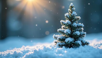 Naklejka premium Miniature snow-covered conifer with subtle sparkle , cold, christmas, evergreen