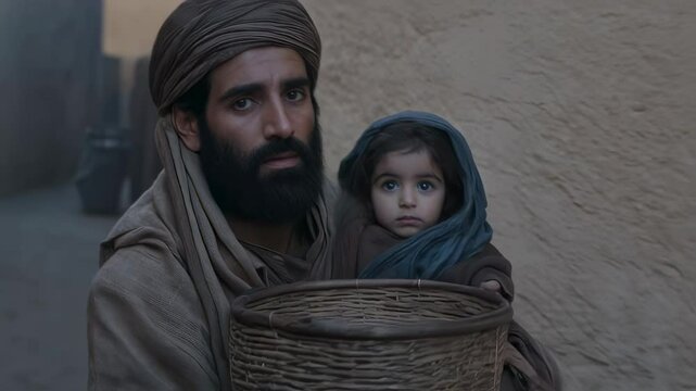 A Jew from biblical times with a child and a basket walking along the street of an old city. Can be used to illustrate religious publications