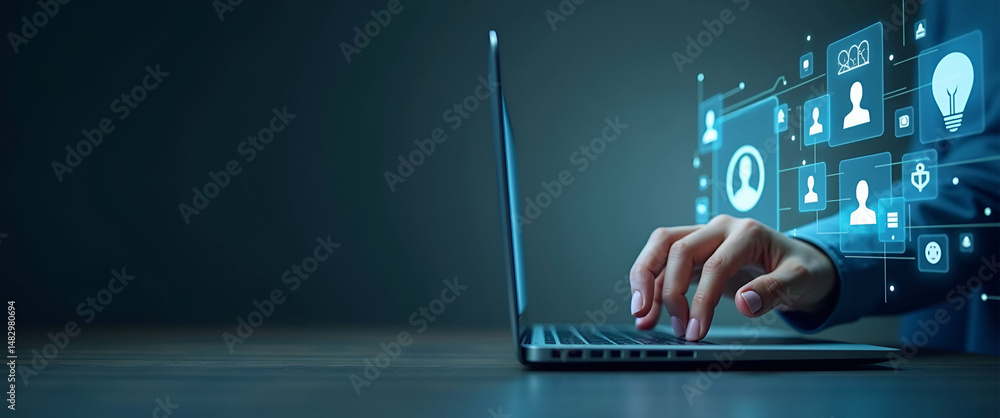 Poster hand interacting with holographic chatbot ai interface on laptop: smart assistant icons and ai commu