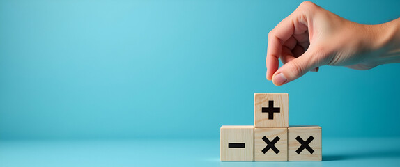 Strategic Decision Making: Hand Choosing Wood Block with Plus and Minus Symbols on Blue Background - Balancing Pros and Cons in Workplace Planning
