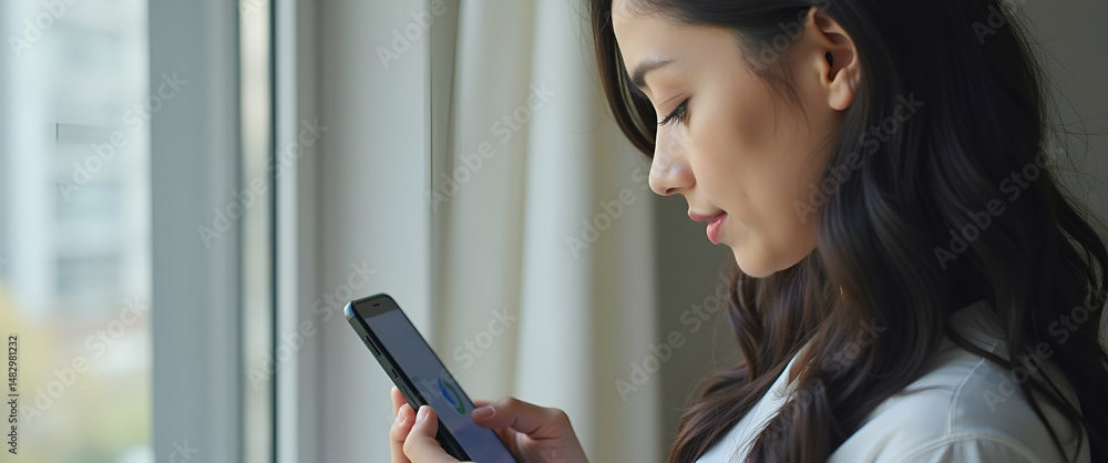 Poster over the shoulder view of young woman using mobile banking app: financial data check on smartphone w
