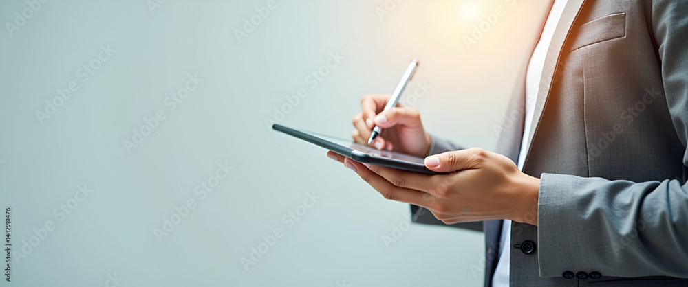 Poster photo realistic image of a person using tablet and stylus for design services - clean background for