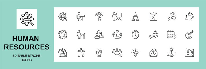  Human Resources, Recruitment, Employment, business, office, company, management. Linear icon collection. Editable stroke. Vector illustration