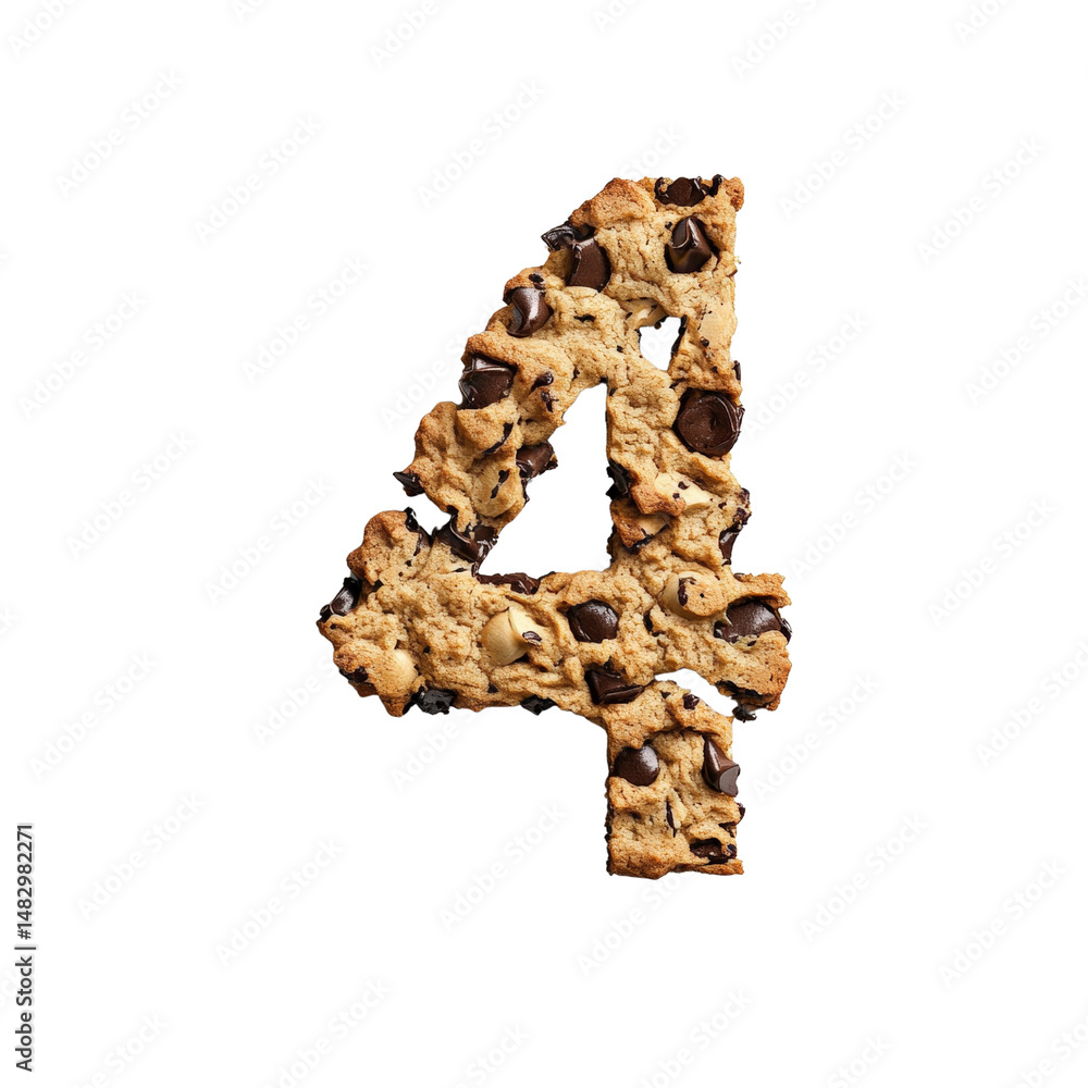 Poster number four cookie shape made of chocolate chip cookies with crispy edges and chunky texture